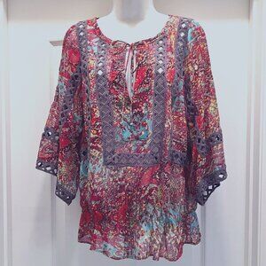 Danielrainn Women's Flowy Top-Embroidered Red Mix Gray-Med.-Boho-Casual-Sheer